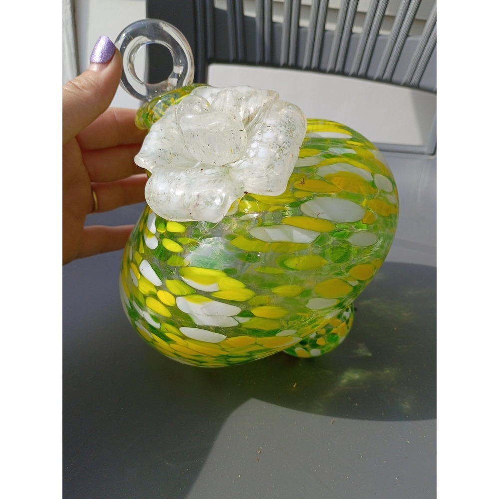Murano Style Speckled Glass Spring Green, Yellow Ornament 9x9 Flower
